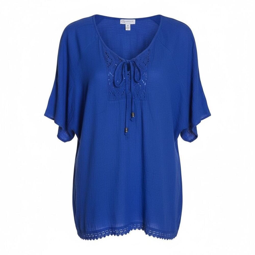 Db Established 1962 Crochet Lace Tie Neck Short Sleeve Gauze Top Blue‎ Size 1X